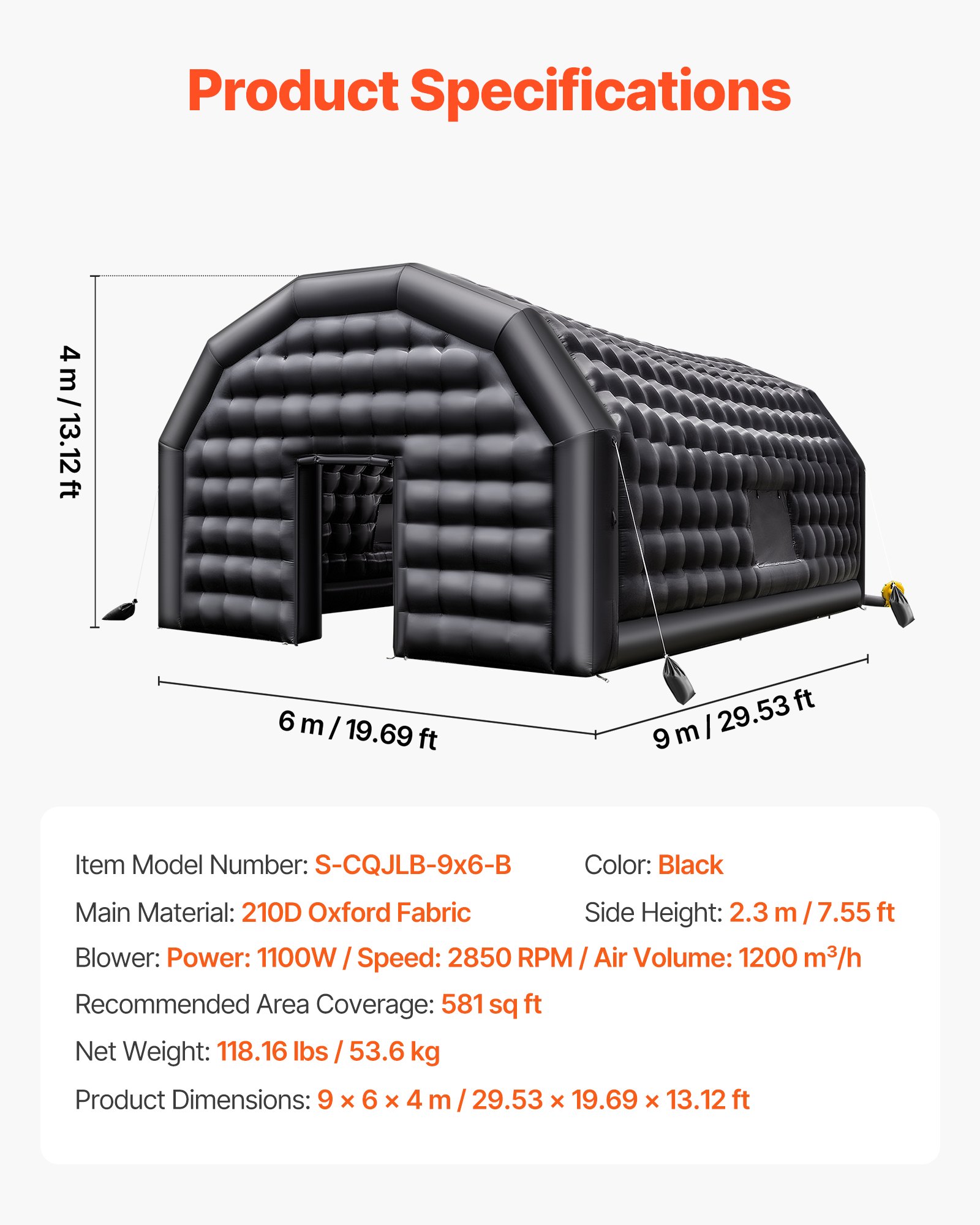 VEVOR Inflatable Nightclub, 9 x 6 x 4 m Inflatable Party Tent with 1100W Blower & Sandbag, Ventilated Blow up Night Club with 2 Windows, Air Cube House for Event Birthday Wedding Party