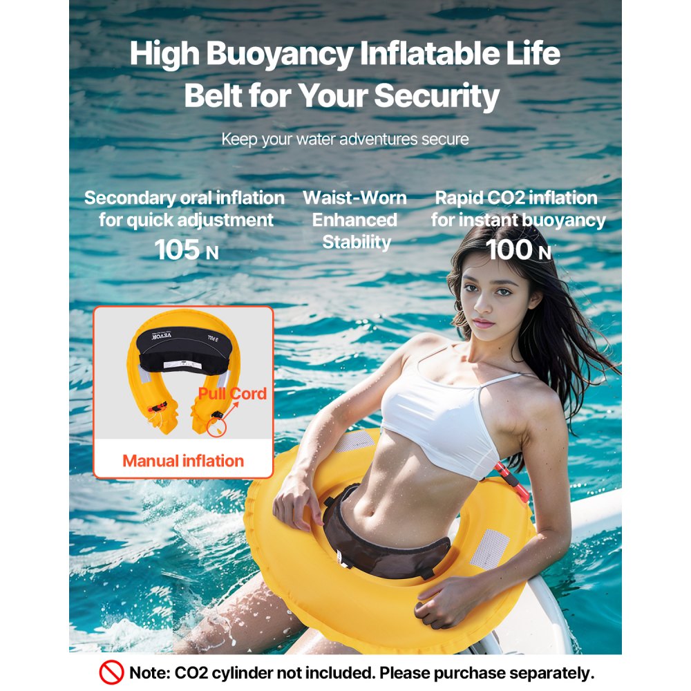 VEVOR Manual Inflatable Belt Pack for Adults, 105N Buoyancy, Over 80 Pounds and Up to 59 in Waist Adjustable, Inflatable PFD Waist for SUP Paddelboarding, Kayaking, Black (CO2 Cylinder Not Included)