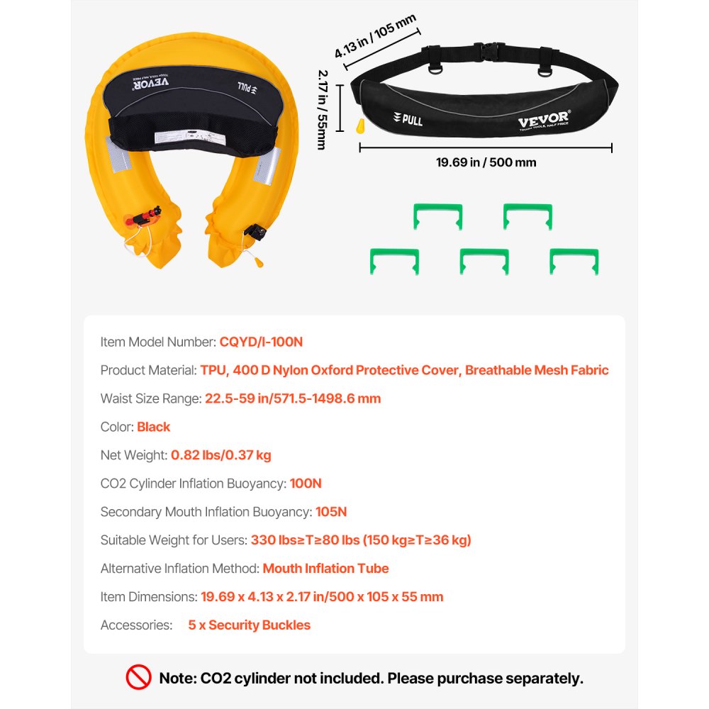 VEVOR Manual Inflatable Belt Pack for Adults, 105N Buoyancy, Over 80 Pounds and Up to 59 in Waist Adjustable, Inflatable PFD Waist for SUP Paddelboarding, Kayaking, Black (CO2 Cylinder Not Included)