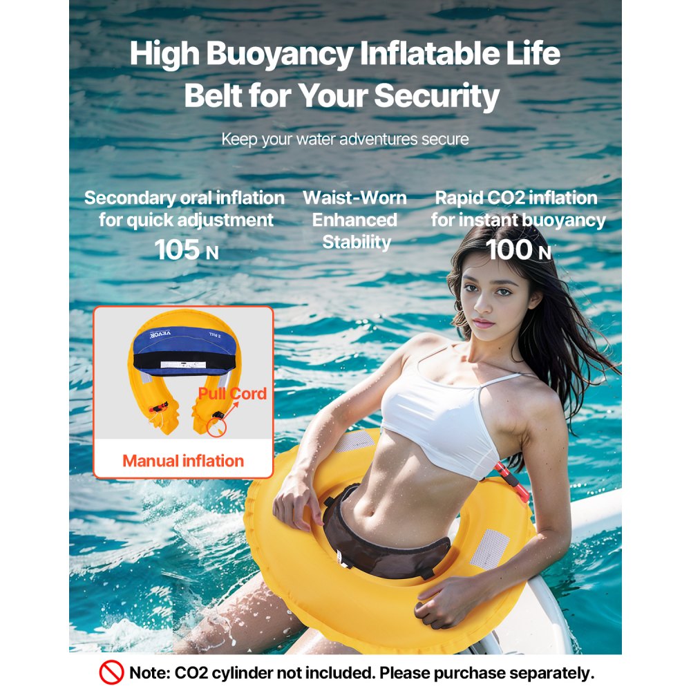 VEVOR - Riñonera inflable manual para adultos, flotabilidad de 105 N, ajustable hasta 59 pulgadas de cintura y más de 36 kg, ideal para SUP, paddleboarding y kayak, color azul (no incluye cilindro de CO2)