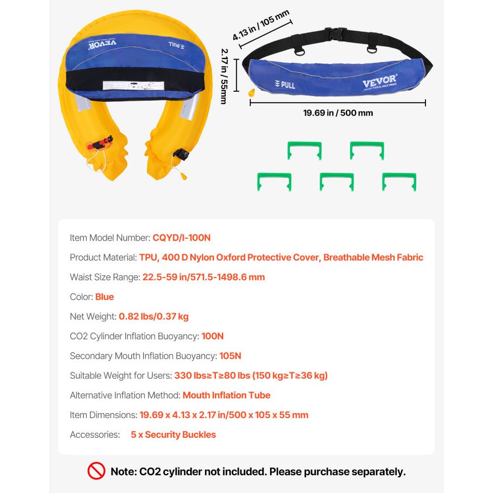 VEVOR - Riñonera inflable manual para adultos, flotabilidad de 105 N, ajustable hasta 59 pulgadas de cintura y más de 36 kg, ideal para SUP, paddleboarding y kayak, color azul (no incluye cilindro de CO2)