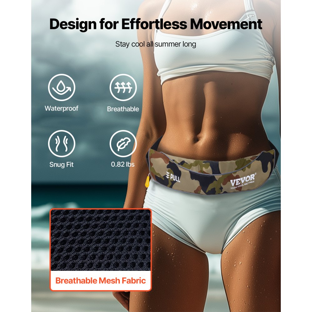 VEVOR Manual Inflatable Belt Pack for Adults, 105N Buoyancy, Over 80 Pounds and Up to 59 in Waist Adjustable, Inflatable PFD Waist for SUP Paddelboarding, Kayaking, Green (CO2 Cylinder Not Included)