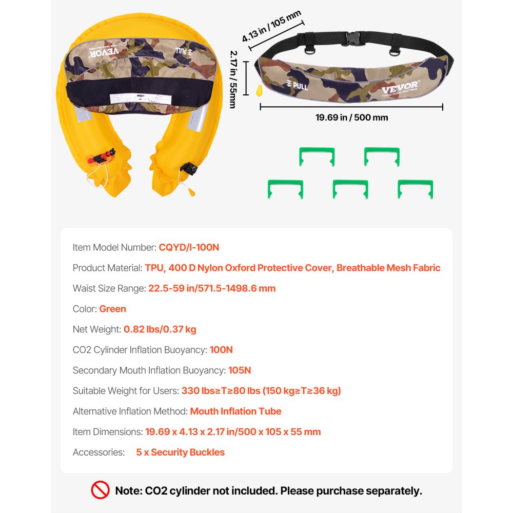 VEVOR Manual Inflatable Belt Pack for Adults, 105N Buoyancy, Over 80 Pounds and Up to 59 in Waist Adjustable, Inflatable PFD Waist for SUP Paddelboarding, Kayaking, Green (CO2 Cylinder Not Included)