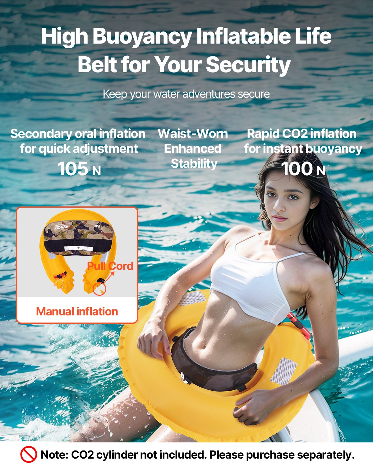 VEVOR Manual Inflatable Belt Pack for Adults, 105N Buoyancy, Over 80 Pounds and Up to 59 in Waist Adjustable, Inflatable PFD Waist for SUP Paddelboarding, Kayaking, Green (CO2 Cylinder Not Included)