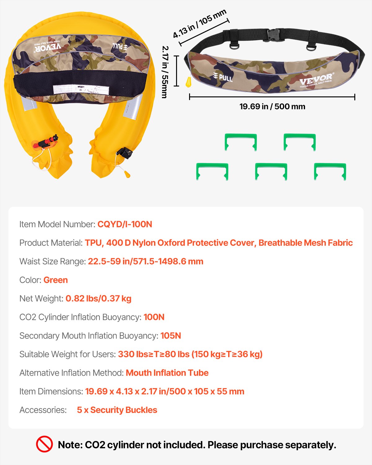 VEVOR Manual Inflatable Belt Pack for Adults, 105N Buoyancy, Over 80 Pounds and Up to 59 in Waist Adjustable, Inflatable PFD Waist for SUP Paddelboarding, Kayaking, Green (CO2 Cylinder Not Included)