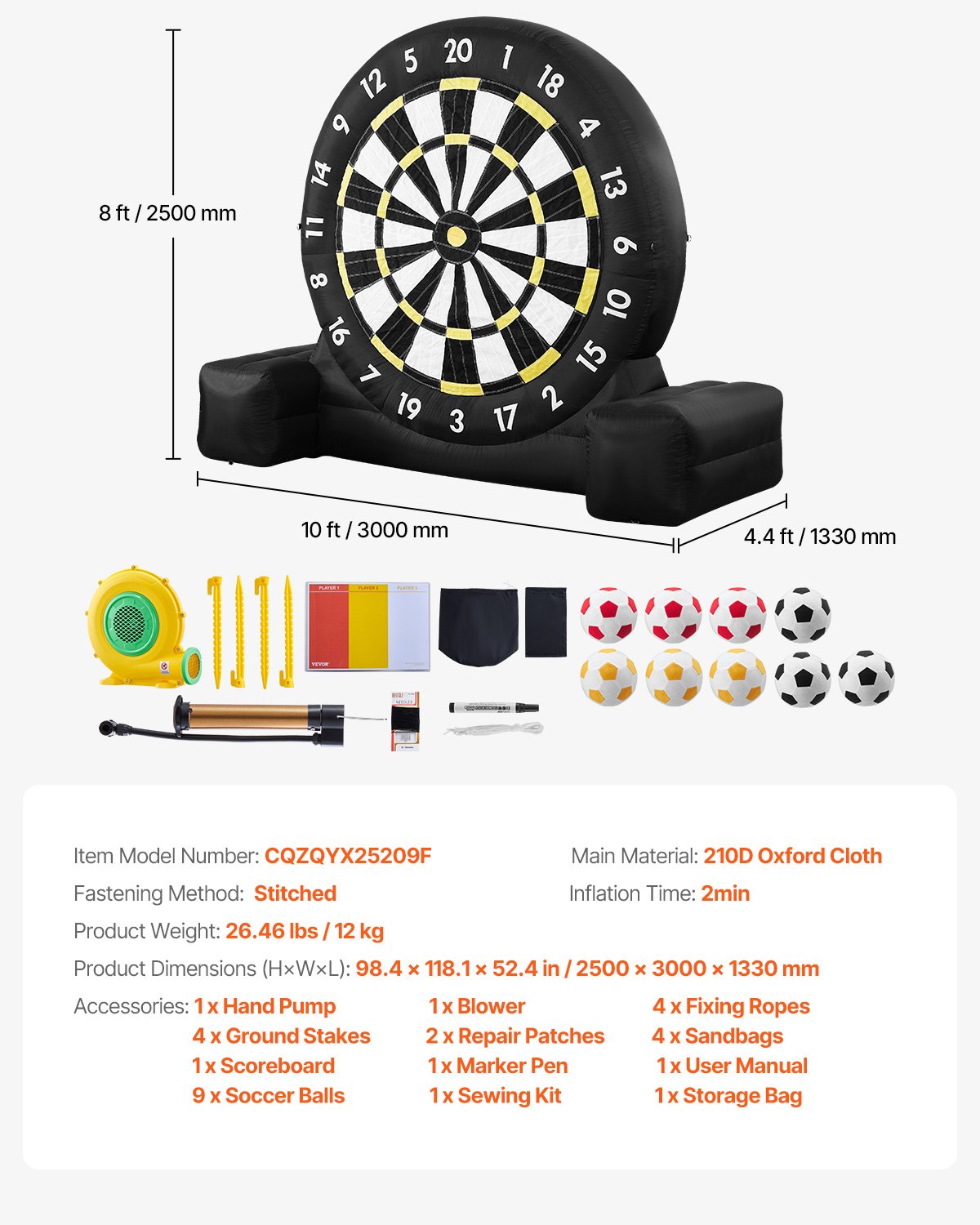 VEVOR Inflatable Soccer Dart Board, over 2.5 m High Giant Soccer Dart Board with 9 Kick Balls & Air Pump, 2-Minutes Setup & Storage Bag for Easy Carrying, for Giant Yard Games, Giant Kick Darts Game