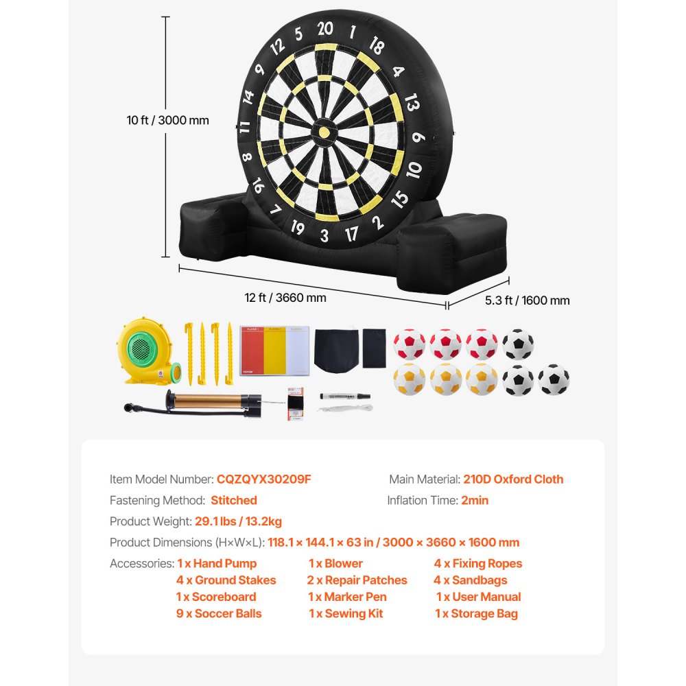 VEVOR Inflatable Soccer Dart Board, over 10 ft High Giant Soccer Dart Board with 9 Kick Balls & Air Pump, 2-Minutes Setup & Storage Bag for Easy Carrying, for Giant Yard Games, Giant Kick Darts Game