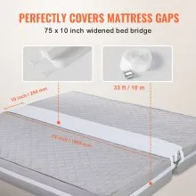 VEVOR Bed Bridge, King Bed Converter Kit, Split King Gap Filler for Adjustable Bed Mattress Connector Mattress Gap Filler with Heavy Duty Metal Buckle Strap 25D Memory Foam (75" L x 10" W)