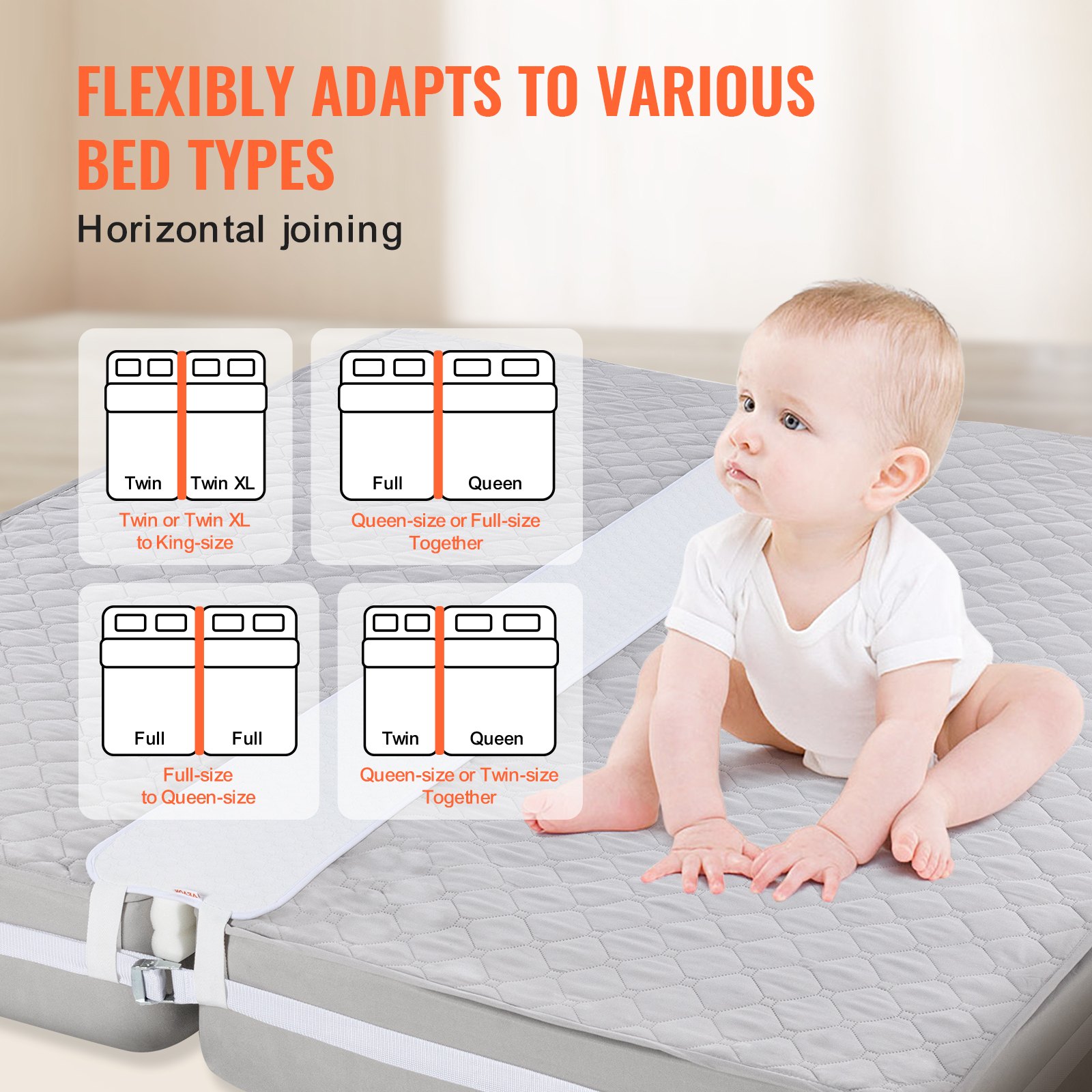 VEVOR Bed Bridge, King Bed Converter Kit, Split King Gap Filler for Adjustable Bed Mattress Connector Mattress Gap Filler with Heavy Duty Metal Buckle Strap 25D Memory Foam (75" L x 10" W)