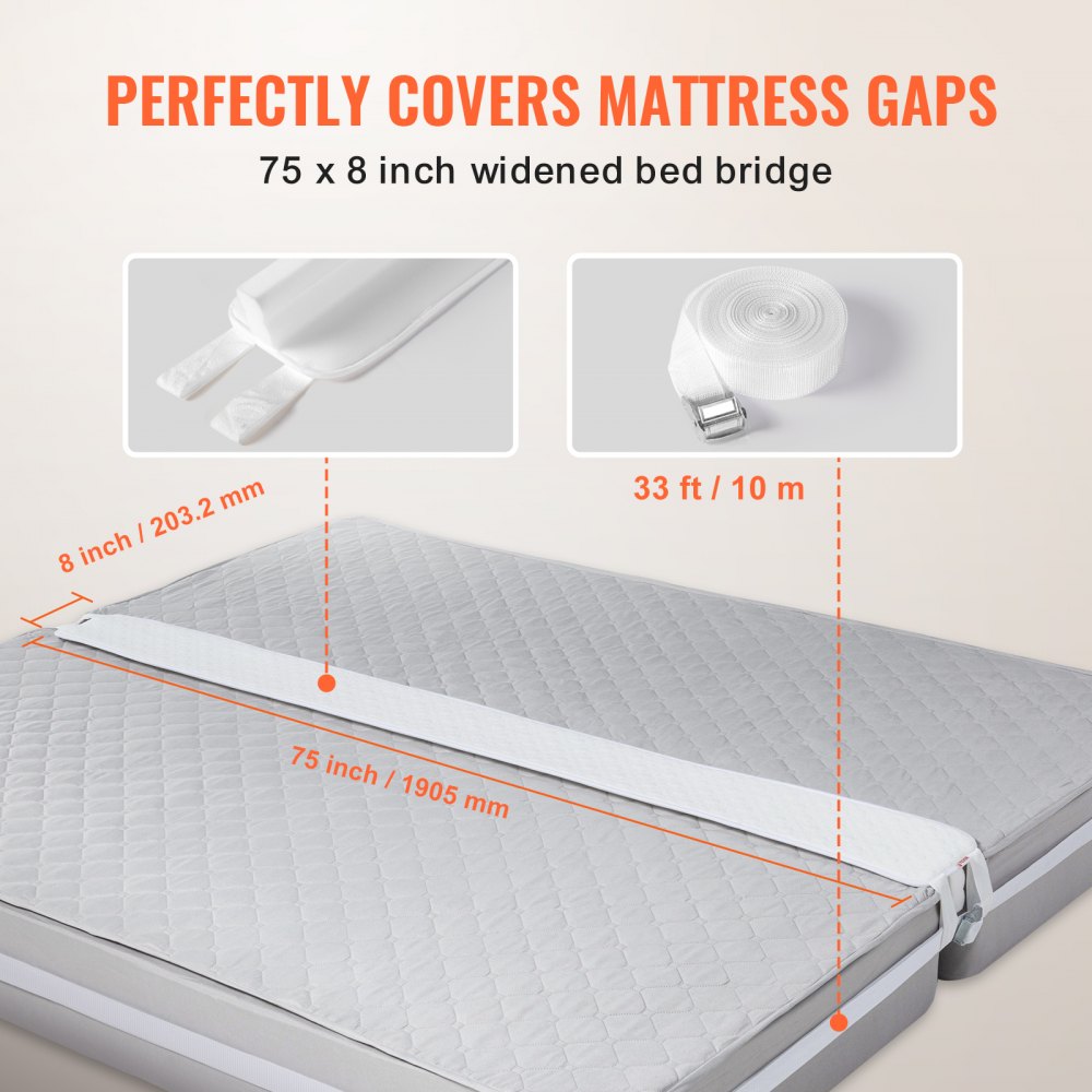 VEVOR Bed Bridge, King Bed Converter Kit, Split King Gap Filler for Adjustable Bed Mattress Connector Mattress Gap Filler with Heavy Duty Metal Buckle Strap 25D Memory Foam (75" L x 8" W)