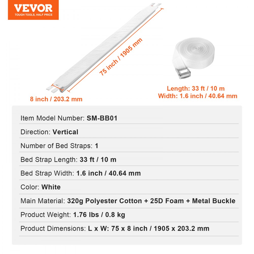 VEVOR Bed Bridge, King Bed Converter Kit, Split King Gap Filler for Adjustable Bed Mattress Connector Mattress Gap Filler with Heavy Duty Metal Buckle Strap 25D Memory Foam (75" L x 8" W)