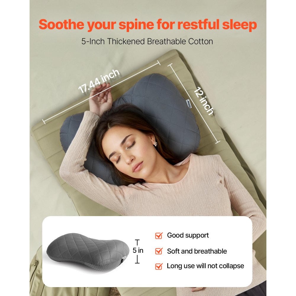 Almohada inflable para acampar VEVOR, almohada de viaje gruesa de 12,7 cm, suave para mochileros con funda extraíble y lavable, bolsa de almacenamiento, ligera y portátil para acampar, viajar en avión, senderismo y oficina.