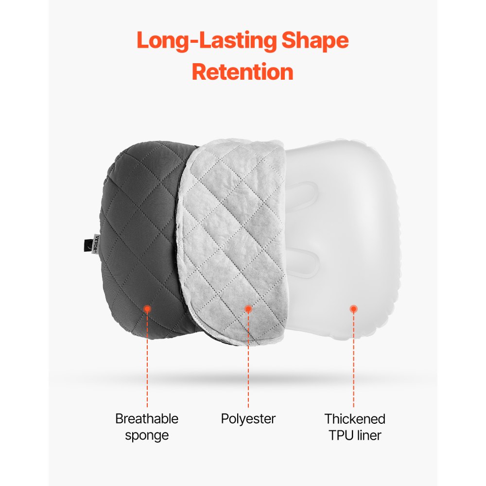 Almohada inflable para acampar VEVOR, almohada de viaje gruesa de 12,7 cm, suave para mochileros con funda extraíble y lavable, bolsa de almacenamiento, ligera y portátil para acampar, viajar en avión, senderismo y oficina.