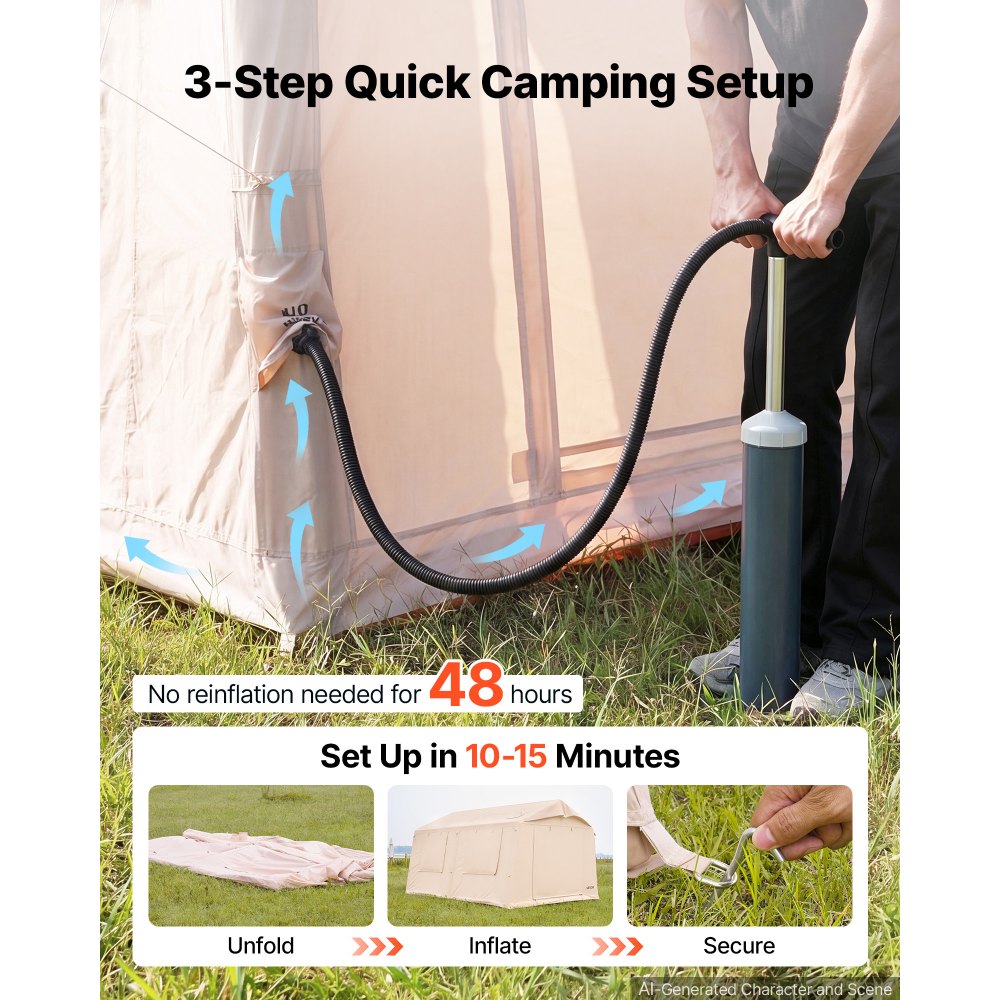 VEVOR Inflatable Tent for Camping 5-8 Person Blow Up Tent with Pump Beige, for Family Outdoor Glamping, Waterproof 420D Oxford, Easy Setup Air House with Skylight, Canopy, Stove Jack & Mesh Windows