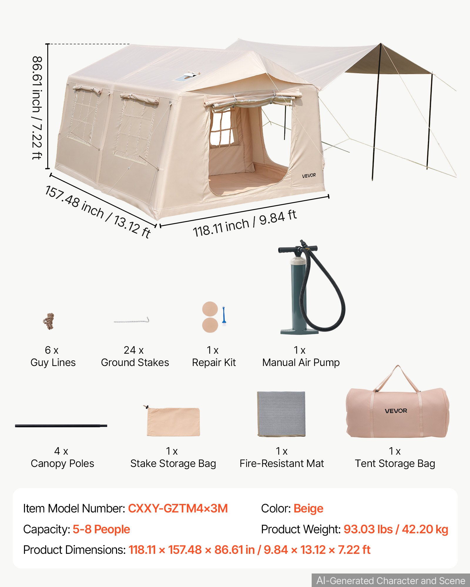 VEVOR Inflatable Tent for Camping 5-8 Person Blow Up Tent with Pump Beige, for Family Outdoor Glamping, Waterproof 420D Oxford, Easy Setup Air House with Skylight, Canopy, Stove Jack & Mesh Windows