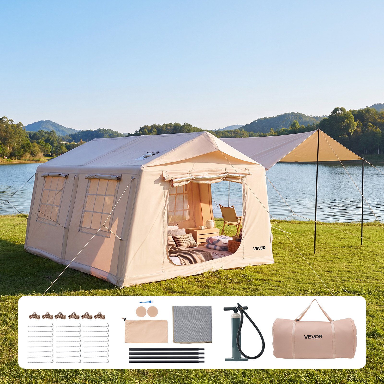 VEVOR Inflatable Tent for Camping 5-8 Person Blow Up Tent with Pump Beige, for Family Outdoor Glamping, Waterproof 420D Oxford, Easy Setup Air House with Skylight, Canopy, Stove Jack & Mesh Windows