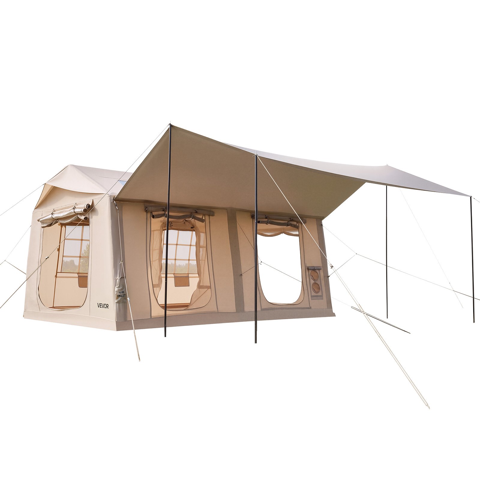 VEVOR Inflatable Tent for Camping 5-8 Person Blow Up Tent with Pump Beige, for Family Outdoor Glamping, Waterproof 420D Oxford, Easy Setup Air House with Skylight, Canopy, Stove Jack & Mesh Windows