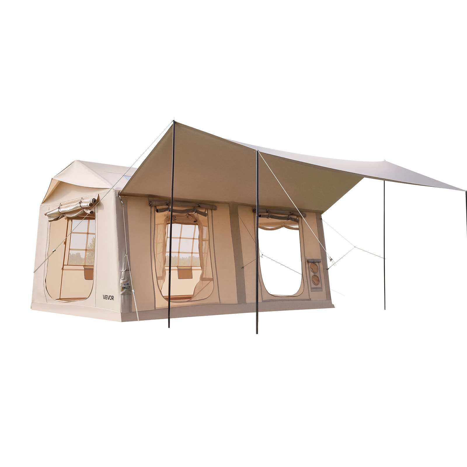 VEVOR Inflatable Tent for Camping 5-8 Person Blow Up Tent with Pump Beige, for Family Outdoor Glamping, Waterproof 420D Oxford, Easy Setup Air House with Skylight, Canopy, Stove Jack & Mesh Windows