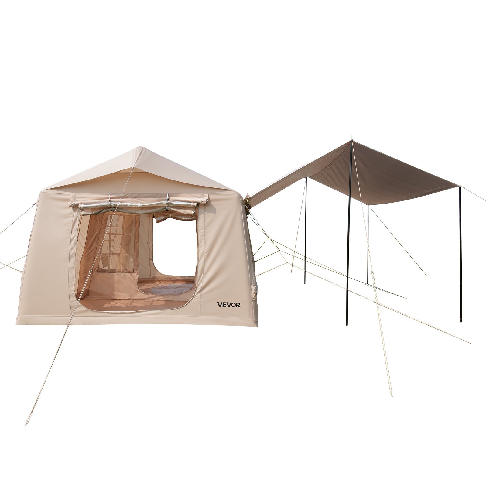 VEVOR Inflatable Tent for Camping 5-8 Person Blow Up Tent with Pump Beige, for Family Outdoor Glamping, Waterproof 420D Oxford, Easy Setup Air House with Skylight, Canopy, Stove Jack & Mesh Windows