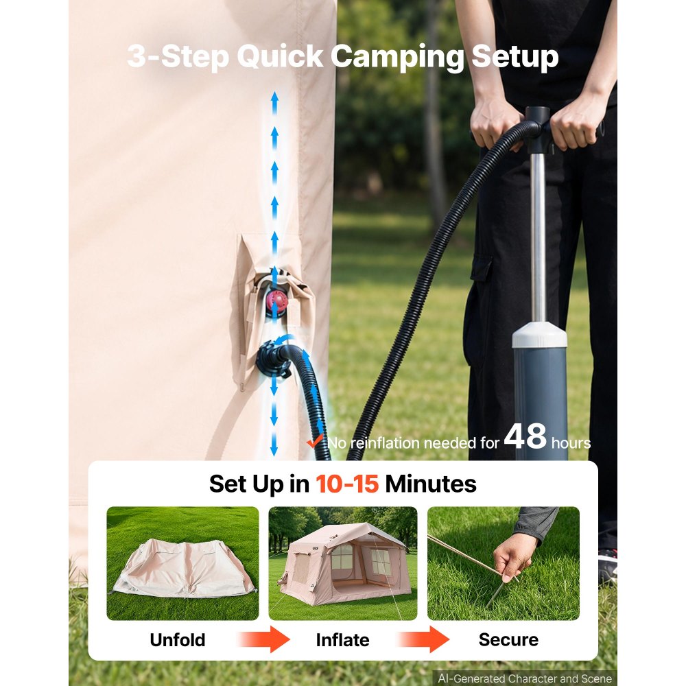 VEVOR Inflatable Tent for Camping 2-4 Person Blow Up Tent with Pump Beige, for Family Outdoor Glamping, Waterproof 420D Oxford, Easy Setup Air House with Skylight, Stove Jack, Mesh Windows & Carry Bag