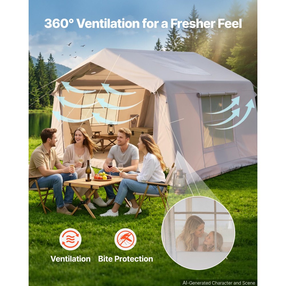 VEVOR Inflatable Tent for Camping 2-4 Person Blow Up Tent with Pump Beige, for Family Outdoor Glamping, Waterproof 420D Oxford, Easy Setup Air House with Skylight, Stove Jack, Mesh Windows & Carry Bag