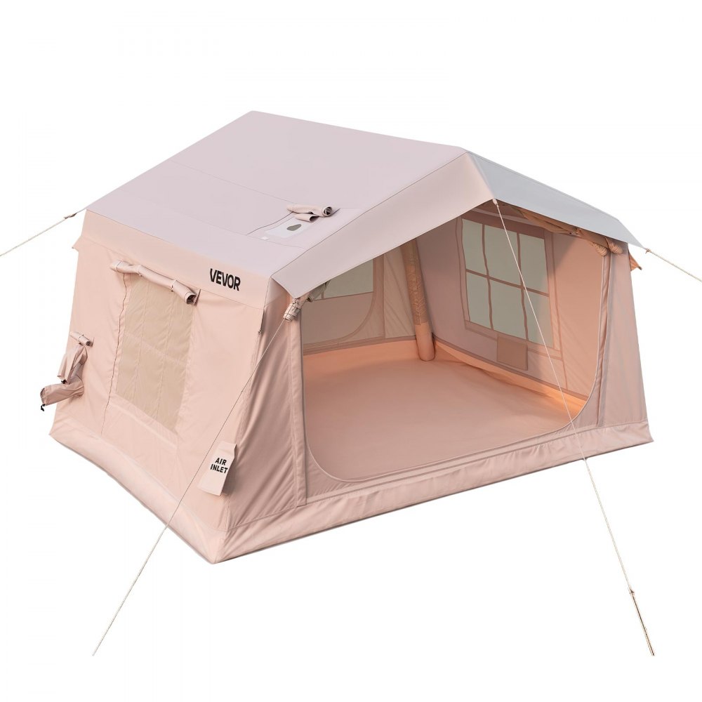 VEVOR Inflatable Tent for Camping 2-4 Person Blow Up Tent with Pump Beige, for Family Outdoor Glamping, Waterproof 420D Oxford, Easy Setup Air House with Skylight, Stove Jack, Mesh Windows & Carry Bag