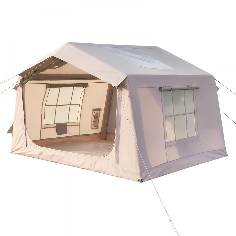 VEVOR Inflatable Tent for Camping 2-4 Person Blow Up Tent with Pump Beige, for Family Outdoor Glamping, Waterproof 420D Oxford, Easy Setup Air House with Skylight, Stove Jack, Mesh Windows & Carry Bag