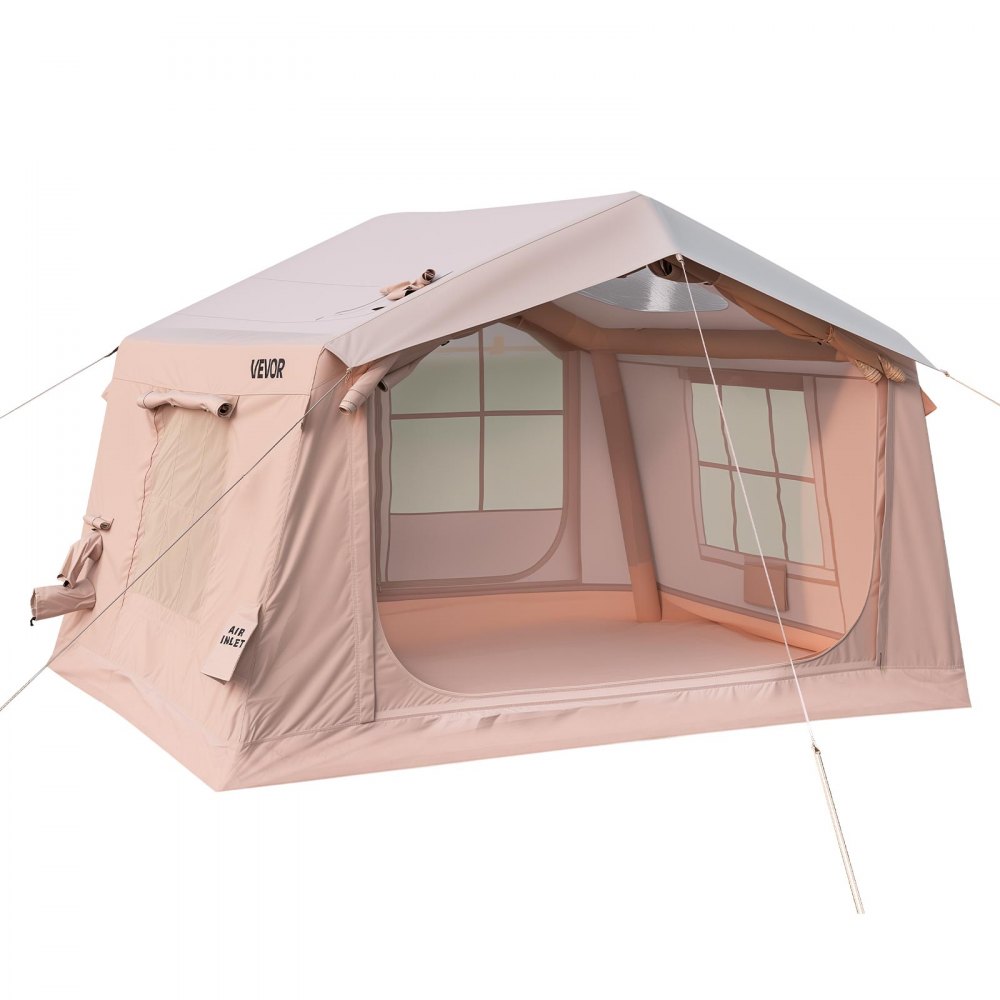 VEVOR Inflatable Tent for Camping 2-4 Person Blow Up Tent with Pump Beige, for Family Outdoor Glamping, Waterproof 420D Oxford, Easy Setup Air House with Skylight, Stove Jack, Mesh Windows & Carry Bag
