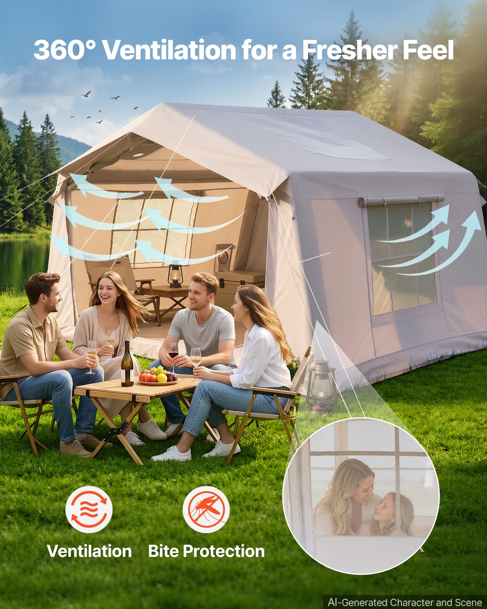 VEVOR Inflatable Tent for Camping 2-4 Person Blow Up Tent with Pump Beige, for Family Outdoor Glamping, Waterproof 420D Oxford, Easy Setup Air House with Skylight, Stove Jack, Mesh Windows & Carry Bag