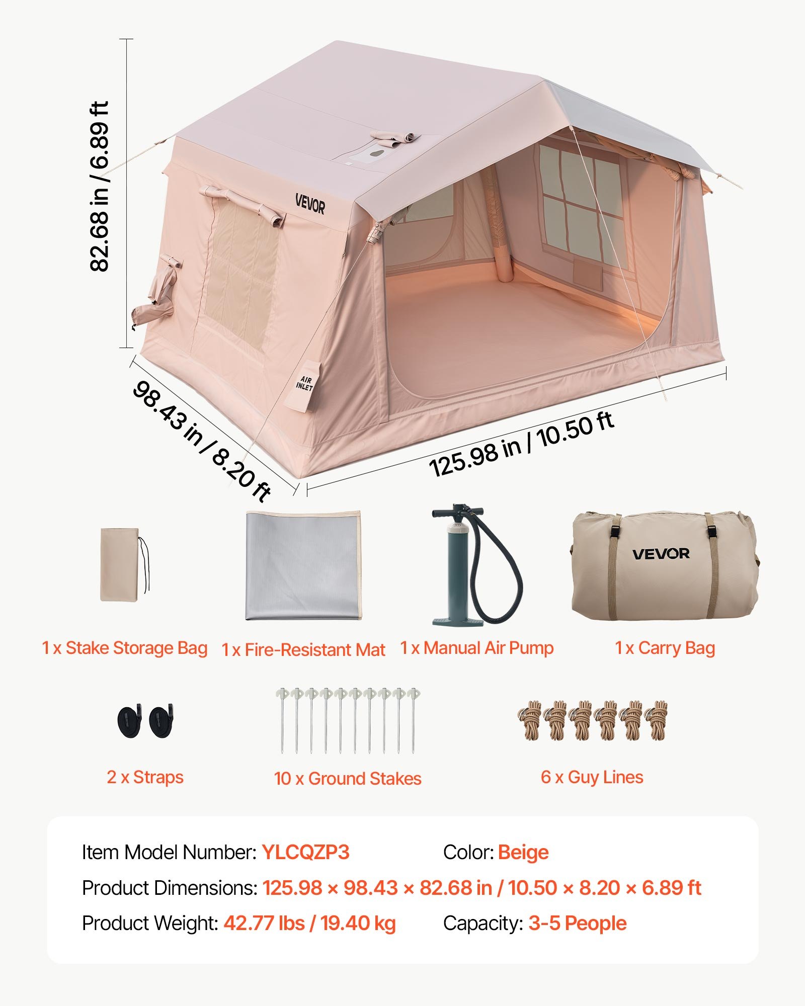VEVOR Inflatable Tent for Camping 2-4 Person Blow Up Tent with Pump Beige, for Family Outdoor Glamping, Waterproof 420D Oxford, Easy Setup Air House with Skylight, Stove Jack, Mesh Windows & Carry Bag