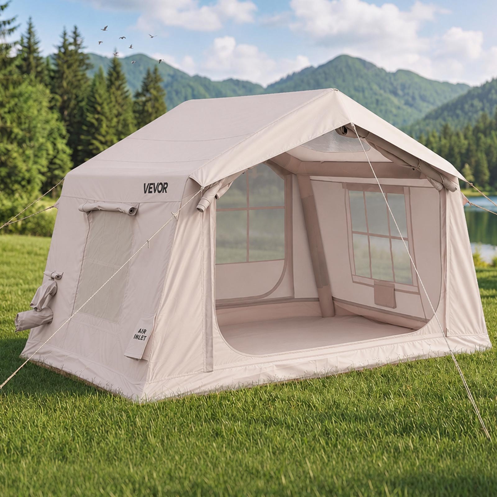 VEVOR Inflatable Tent for Camping 2-4 Person Blow Up Tent with Pump Beige, for Family Outdoor Glamping, Waterproof 420D Oxford, Easy Setup Air House with Skylight, Stove Jack, Mesh Windows & Carry Bag