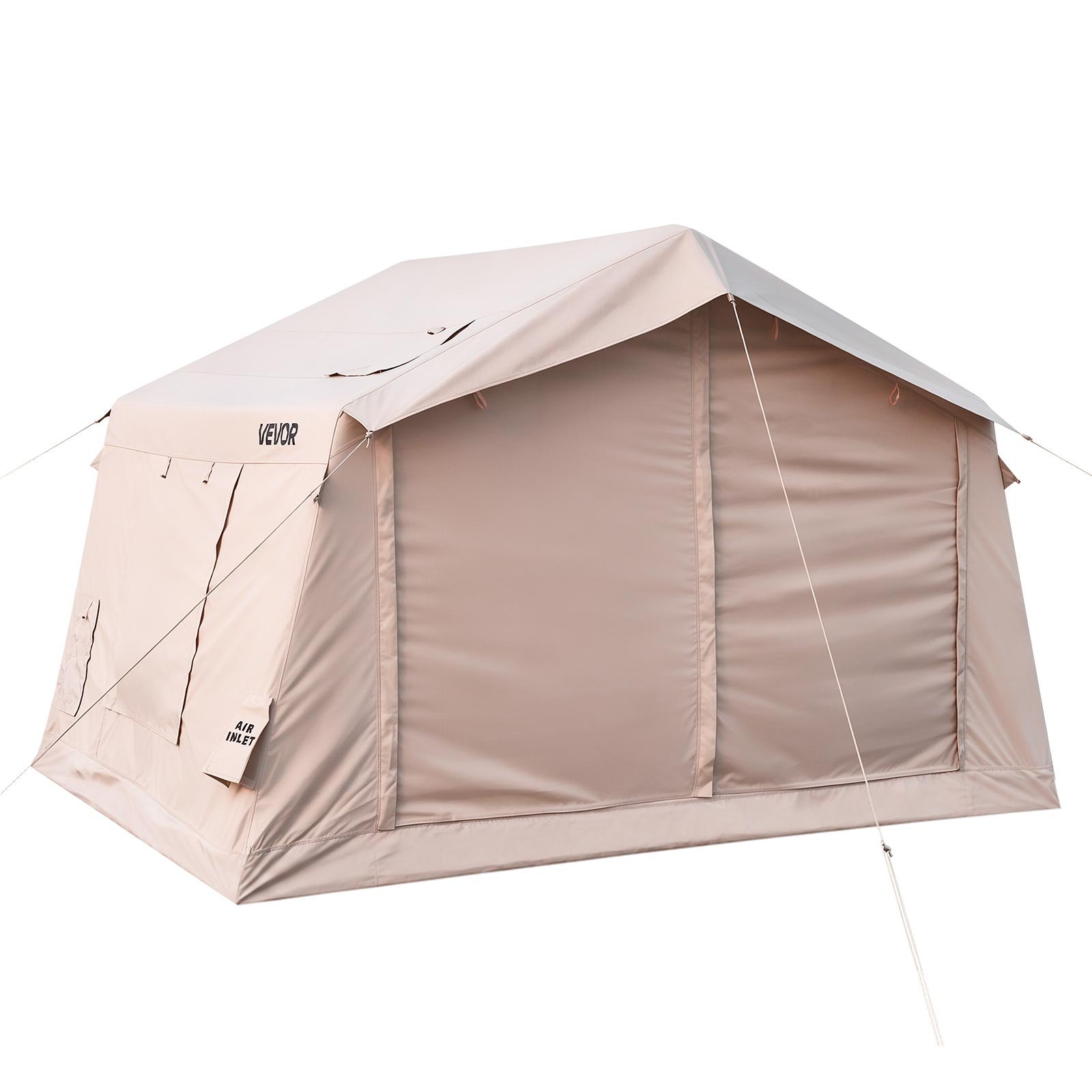 VEVOR Inflatable Tent for Camping 2-4 Person Blow Up Tent with Pump Beige, for Family Outdoor Glamping, Waterproof 420D Oxford, Easy Setup Air House with Skylight, Stove Jack, Mesh Windows & Carry Bag