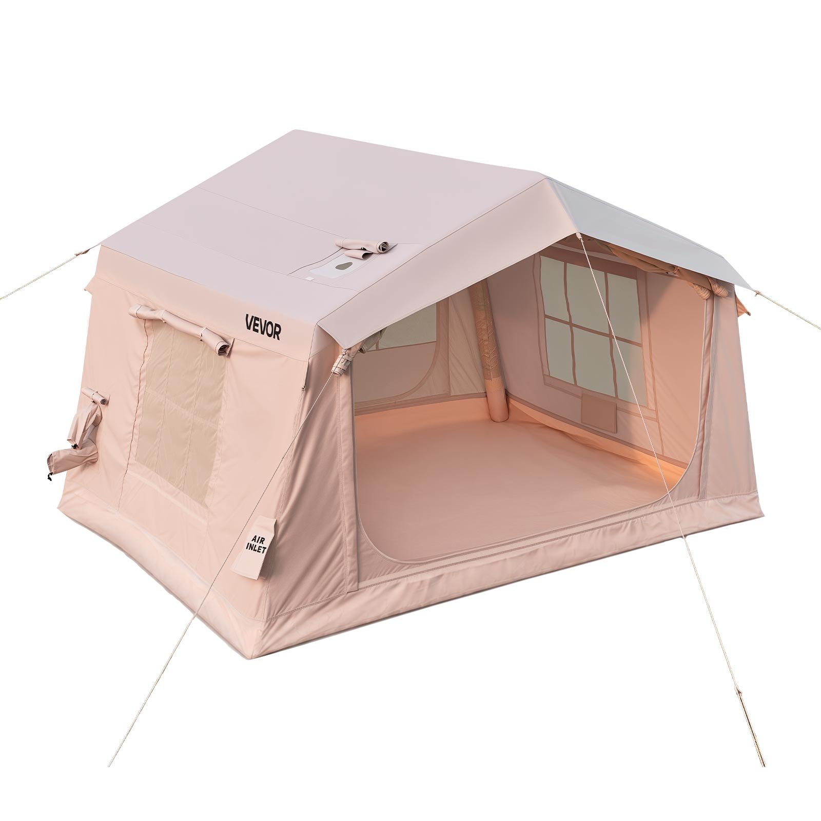 VEVOR Inflatable Tent for Camping 2-4 Person Blow Up Tent with Pump Beige, for Family Outdoor Glamping, Waterproof 420D Oxford, Easy Setup Air House with Skylight, Stove Jack, Mesh Windows & Carry Bag