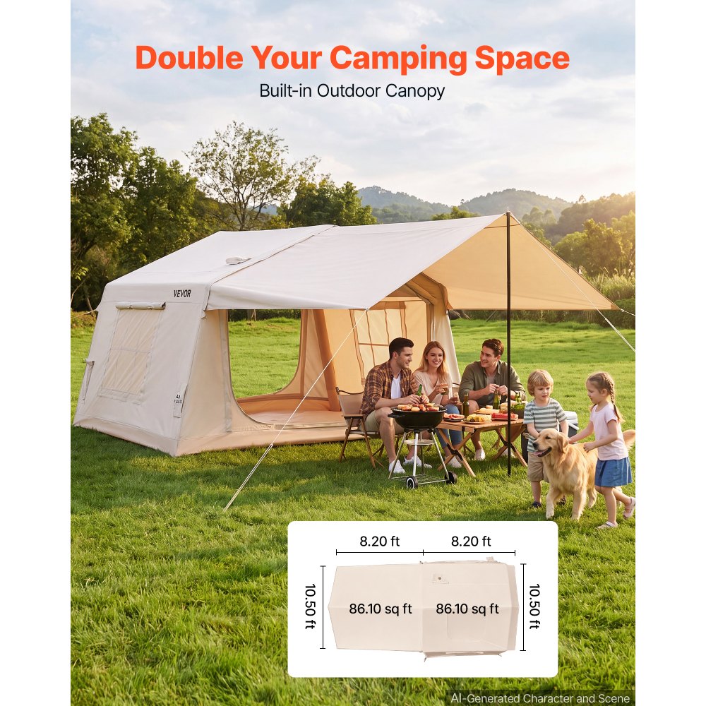 VEVOR Inflatable Tent for Camping 2-4 Person Blow Up Tent with Hand Pump, for Family Outdoor Glamping, Waterproof 420D Oxford, Easy Setup Air House with Skylight, Canopy, Stove Jack & Mesh Windows