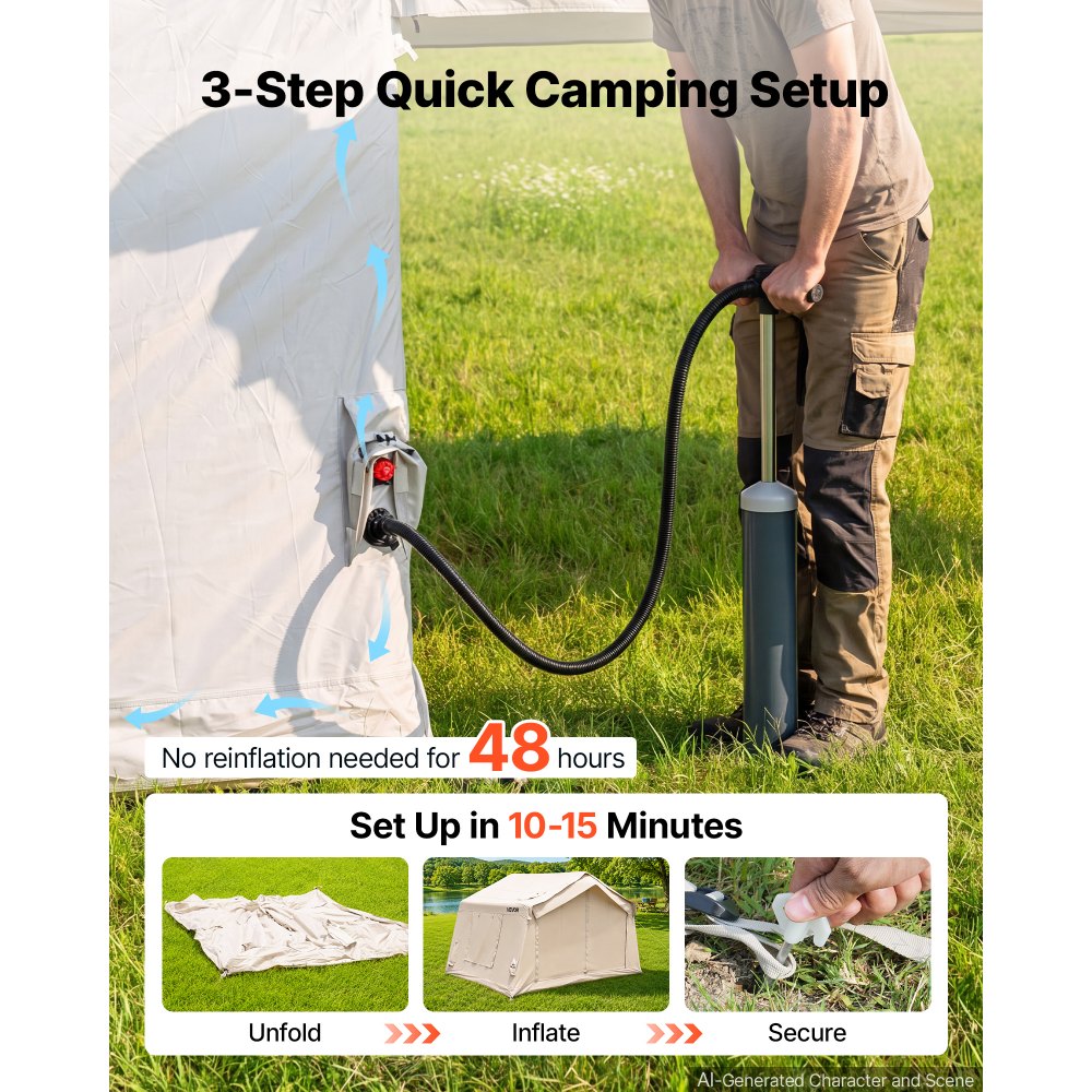 VEVOR Inflatable Tent for Camping 2-4 Person Blow Up Tent with Hand Pump, for Family Outdoor Glamping, Waterproof 420D Oxford, Easy Setup Air House with Skylight, Canopy, Stove Jack & Mesh Windows