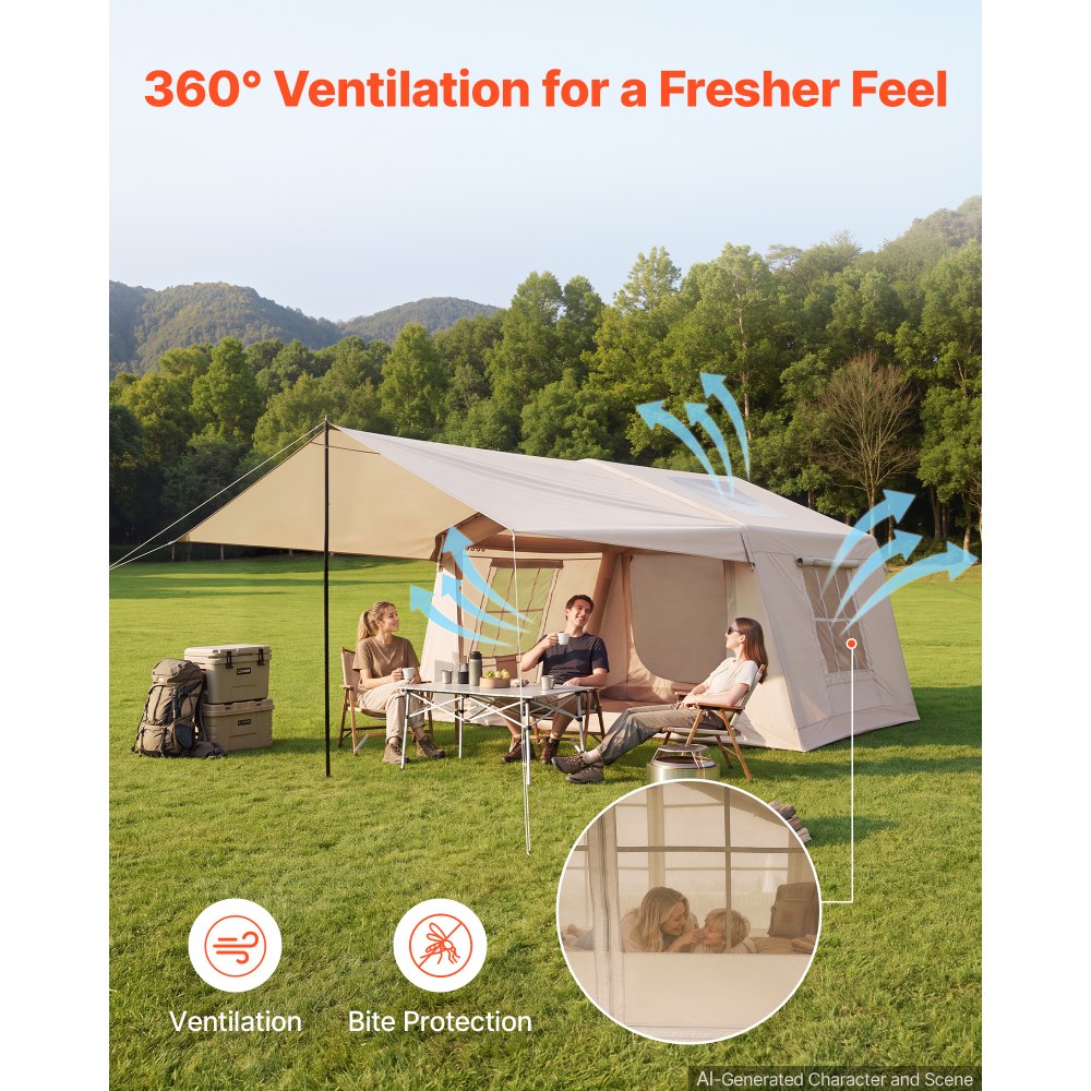 VEVOR Inflatable Tent for Camping 2-4 Person Blow Up Tent with Hand Pump, for Family Outdoor Glamping, Waterproof 420D Oxford, Easy Setup Air House with Skylight, Canopy, Stove Jack & Mesh Windows