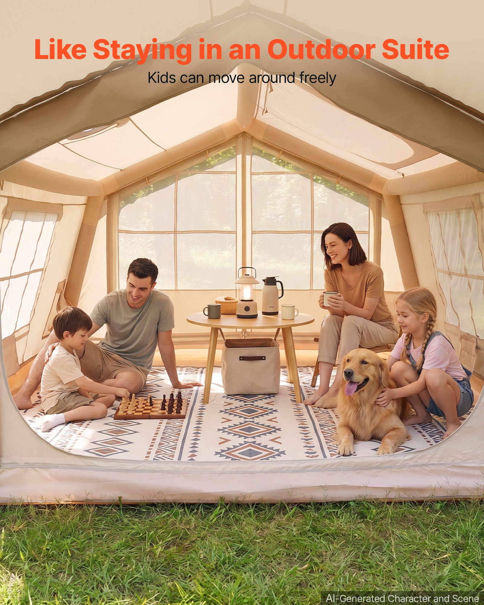 VEVOR Inflatable Tent for Camping 2-4 Person Blow Up Tent with Hand Pump, for Family Outdoor Glamping, Waterproof 420D Oxford, Easy Setup Air House with Skylight, Canopy, Stove Jack & Mesh Windows