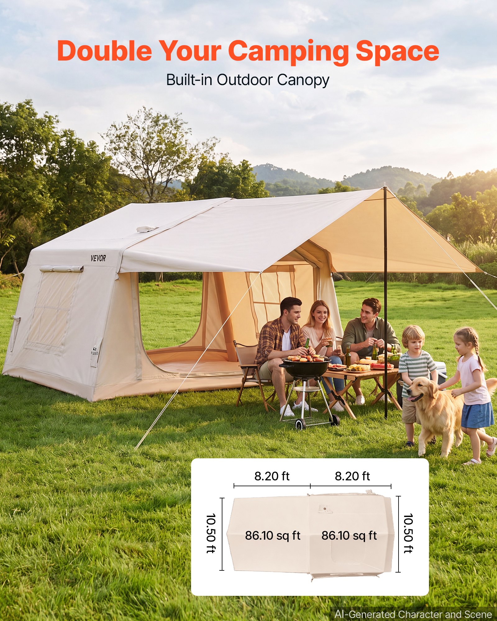 VEVOR Inflatable Tent for Camping 2-4 Person Blow Up Tent with Hand Pump, for Family Outdoor Glamping, Waterproof 420D Oxford, Easy Setup Air House with Skylight, Canopy, Stove Jack & Mesh Windows
