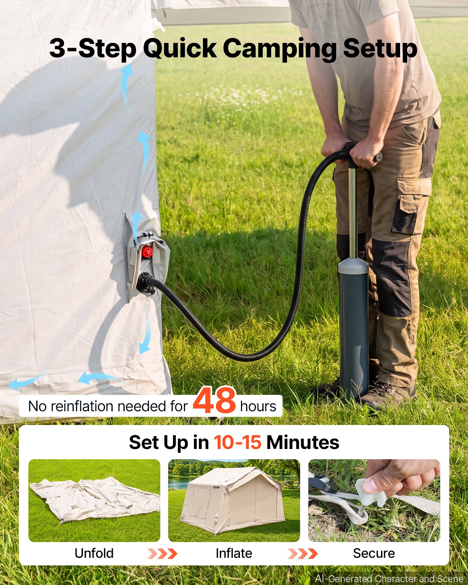 VEVOR Inflatable Tent for Camping 2-4 Person Blow Up Tent with Hand Pump, for Family Outdoor Glamping, Waterproof 420D Oxford, Easy Setup Air House with Skylight, Canopy, Stove Jack & Mesh Windows