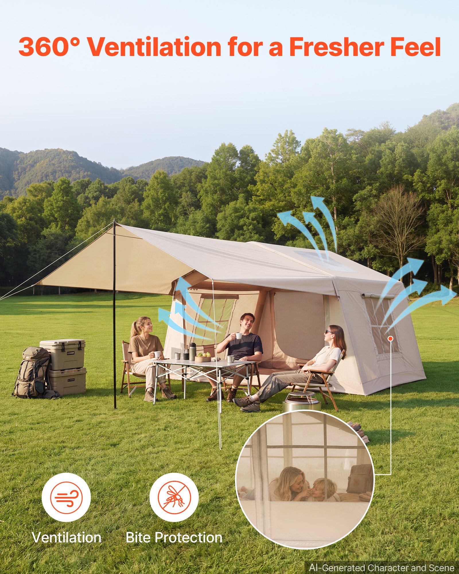 VEVOR Inflatable Tent for Camping 2-4 Person Blow Up Tent with Hand Pump, for Family Outdoor Glamping, Waterproof 420D Oxford, Easy Setup Air House with Skylight, Canopy, Stove Jack & Mesh Windows