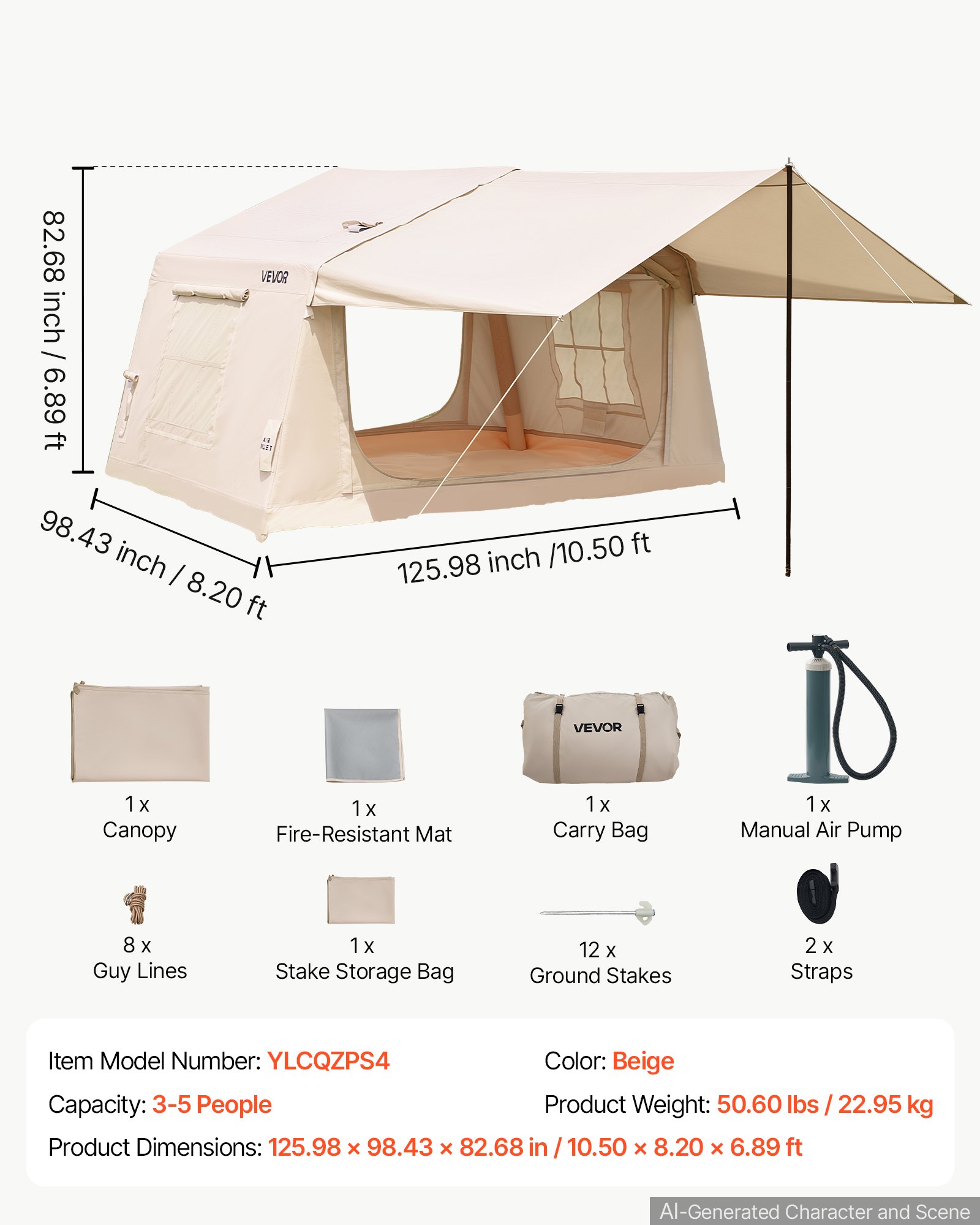VEVOR Inflatable Tent for Camping 2-4 Person Blow Up Tent with Hand Pump, for Family Outdoor Glamping, Waterproof 420D Oxford, Easy Setup Air House with Skylight, Canopy, Stove Jack & Mesh Windows