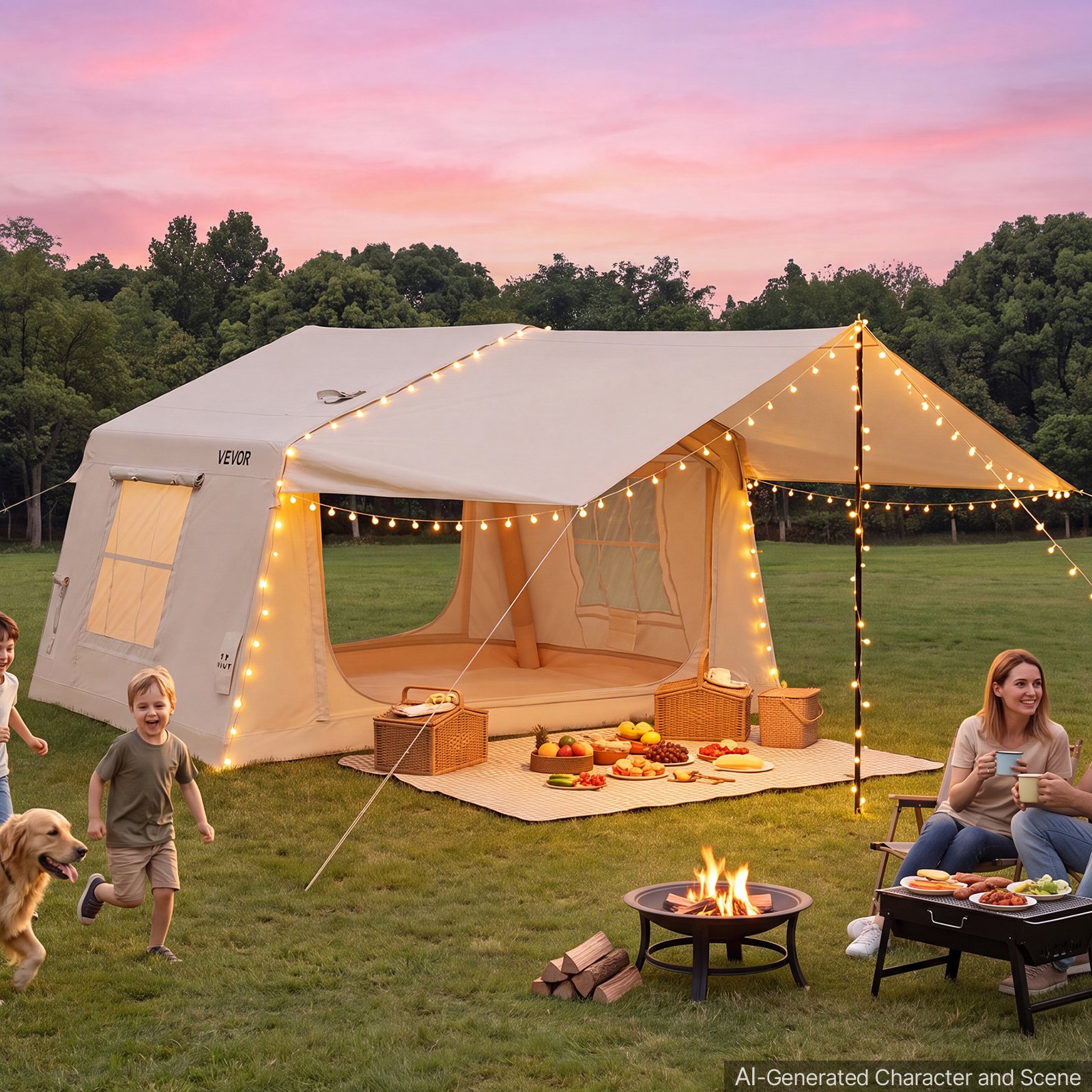 VEVOR Inflatable Tent for Camping 2-4 Person Blow Up Tent with Hand Pump, for Family Outdoor Glamping, Waterproof 420D Oxford, Easy Setup Air House with Skylight, Canopy, Stove Jack & Mesh Windows
