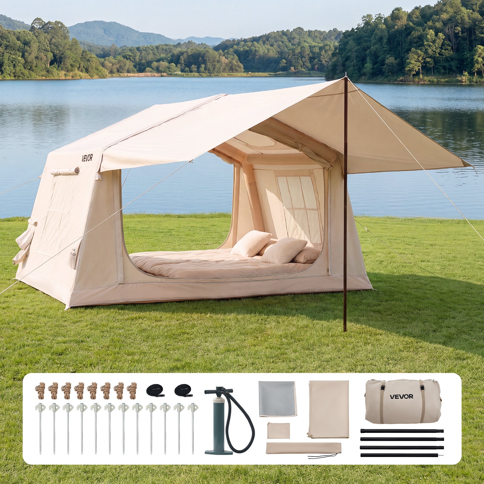 VEVOR Inflatable Tent for Camping 2-4 Person Blow Up Tent with Hand Pump, for Family Outdoor Glamping, Waterproof 420D Oxford, Easy Setup Air House with Skylight, Canopy, Stove Jack & Mesh Windows