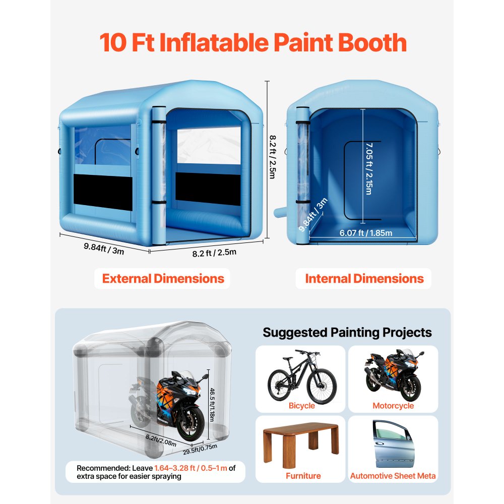 VEVOR Inflatable Paint Booth, 9.84 x 8.2 x 8.2 ft, Inflatable Spray Booth with 550W Powerful Blower and Air Filter System, Round Roof with Light Hook, for Painting Bicycle, Motorcycle, and Furniture