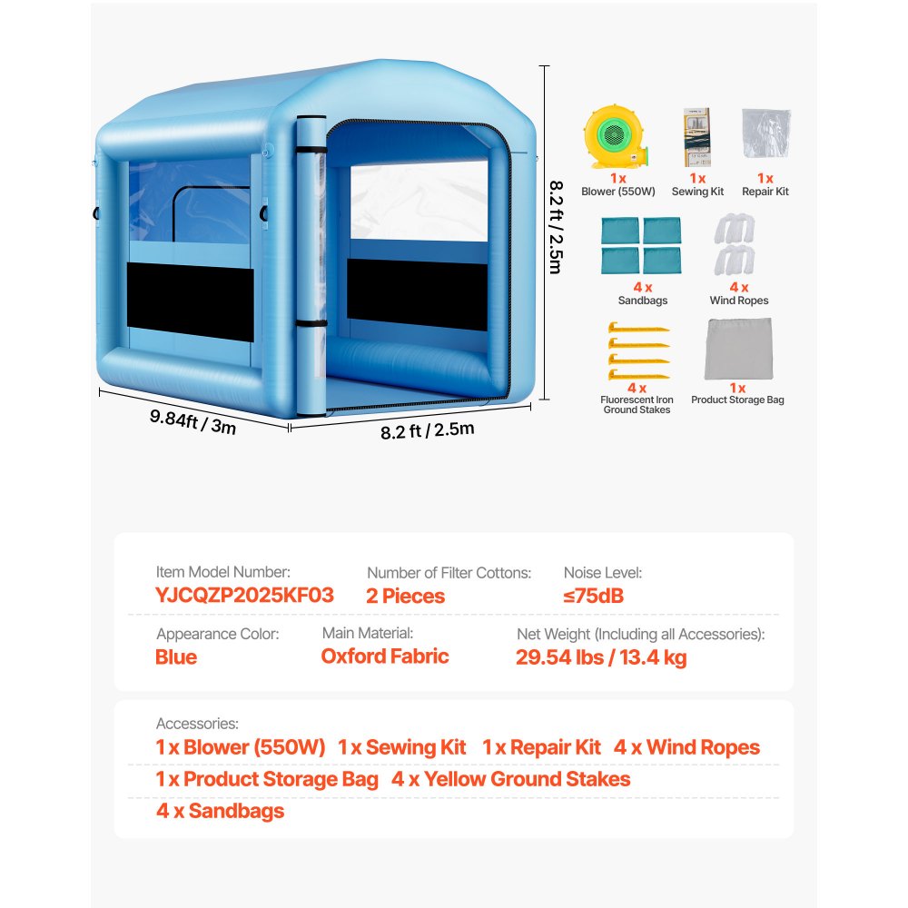 VEVOR Inflatable Paint Booth, 9.84 x 8.2 x 8.2 ft, Inflatable Spray Booth with 550W Powerful Blower and Air Filter System, Round Roof with Light Hook, for Painting Bicycle, Motorcycle, and Furniture