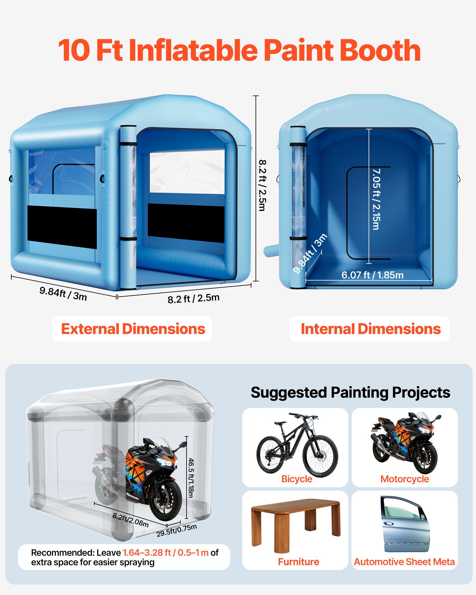 VEVOR Inflatable Paint Booth, 9.84 x 8.2 x 8.2 ft, Inflatable Spray Booth with 550W Powerful Blower and Air Filter System, Round Roof with Light Hook, for Painting Bicycle, Motorcycle, and Furniture