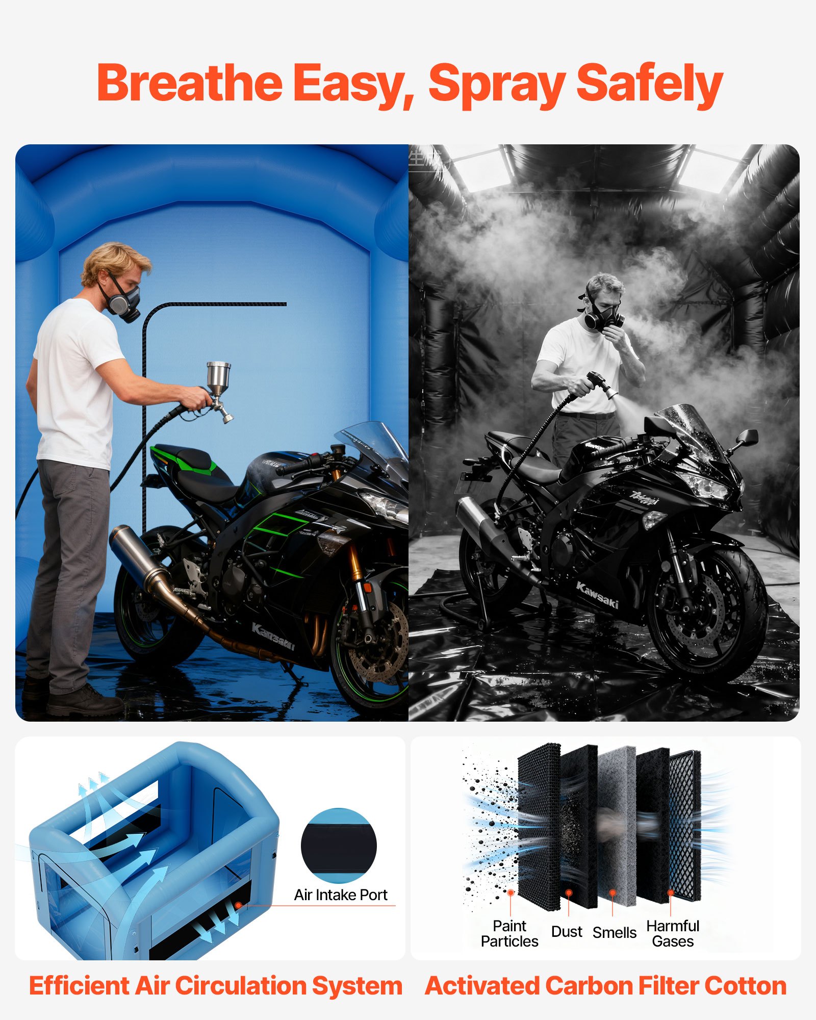 VEVOR Inflatable Paint Booth, 9.84 x 8.2 x 8.2 ft, Inflatable Spray Booth with 550W Powerful Blower and Air Filter System, Round Roof with Light Hook, for Painting Bicycle, Motorcycle, and Furniture