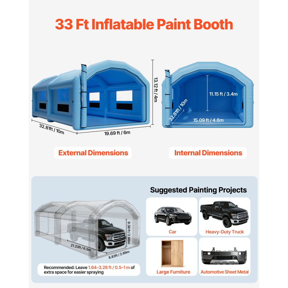 VEVOR Inflatable Paint Booth, 32.81 x 19.69 x 13.12 ft, Inflatable Spray Booth with 950W and 1100W Blowers and Air Filter System, Round Roof, for Painting Car, Truck, Furniture, Automotive Sheet Metal