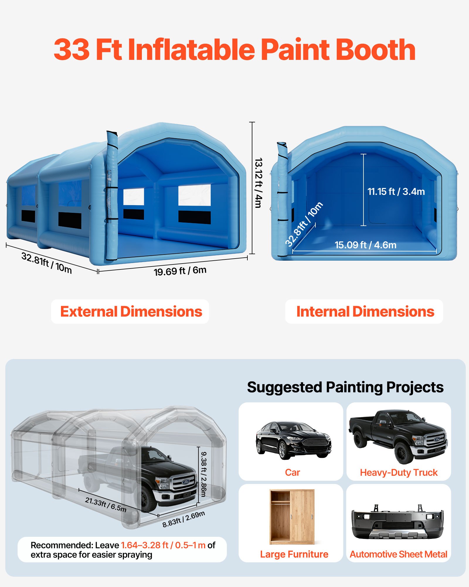 VEVOR Inflatable Paint Booth, 32.81 x 19.69 x 13.12 ft, Inflatable Spray Booth with 950W and 1100W Blowers and Air Filter System, Round Roof, for Painting Car, Truck, Furniture, Automotive Sheet Metal