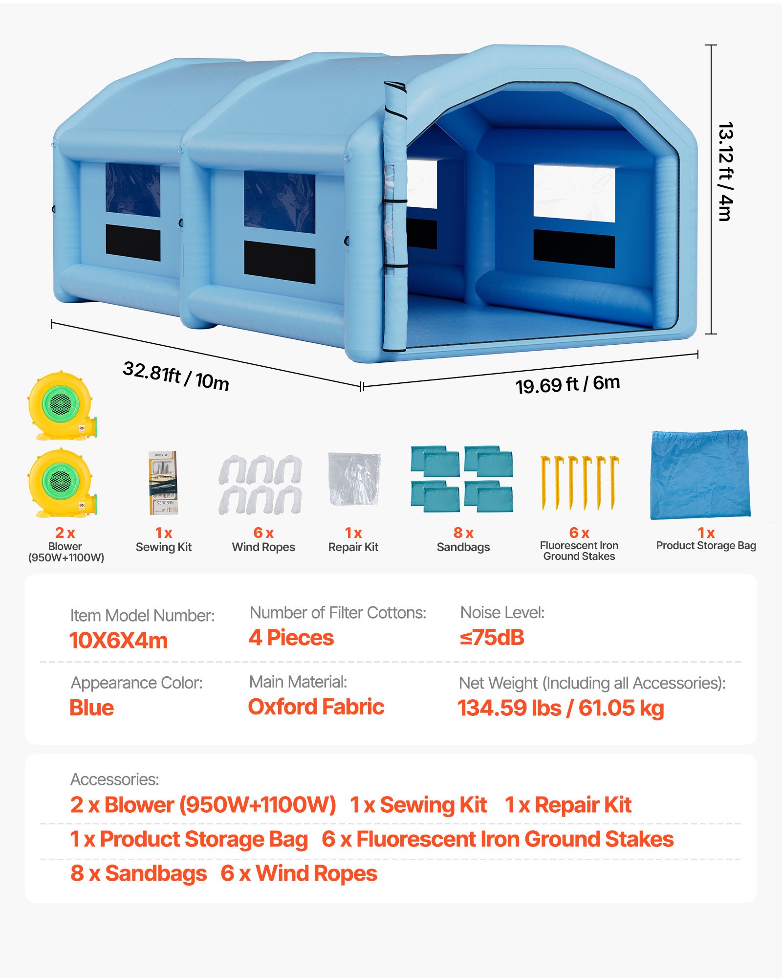 VEVOR Inflatable Paint Booth, 10 x 6 x 4 m, Inflatable Spray Booth with 950W and 1100W Blowers and Air Filter System, Round Roof, for Painting Car, Truck, Furniture, and Automotive Sheet Metal
